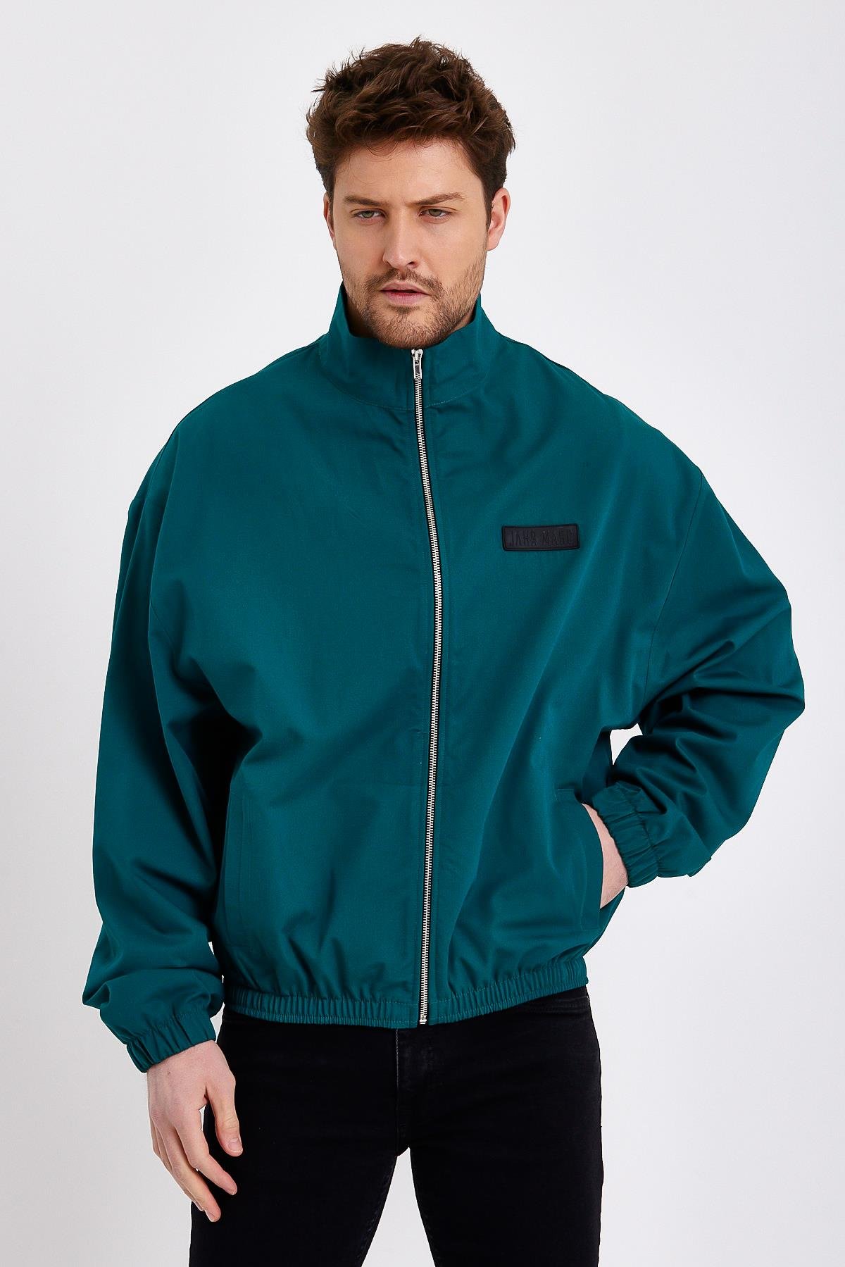 Petrol Yeşili Fermuarlı Erkek Yağmurluk