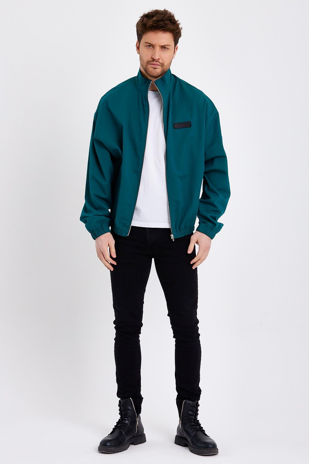 Petrol Yeşili Fermuarlı Erkek Yağmurluk