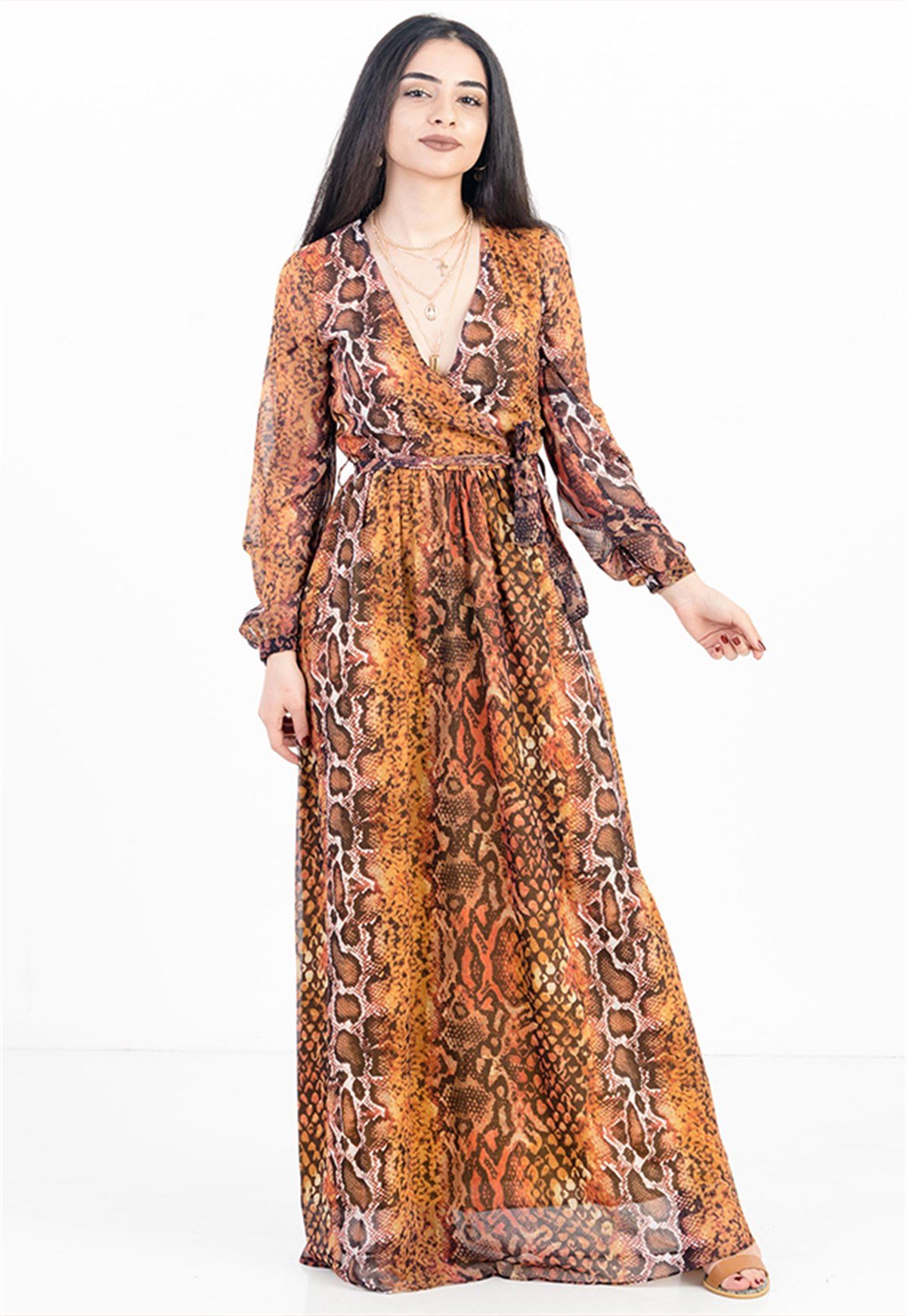 Animal Print Maxi Dress in Orange with Belt