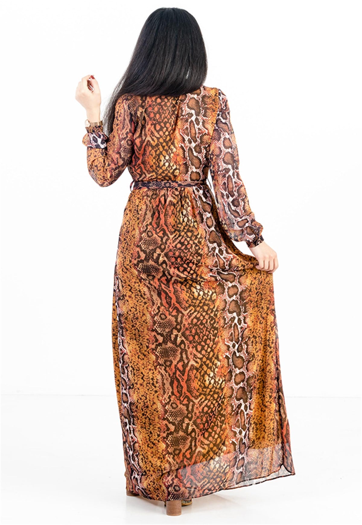 Animal Print Maxi Dress in Orange with Belt
