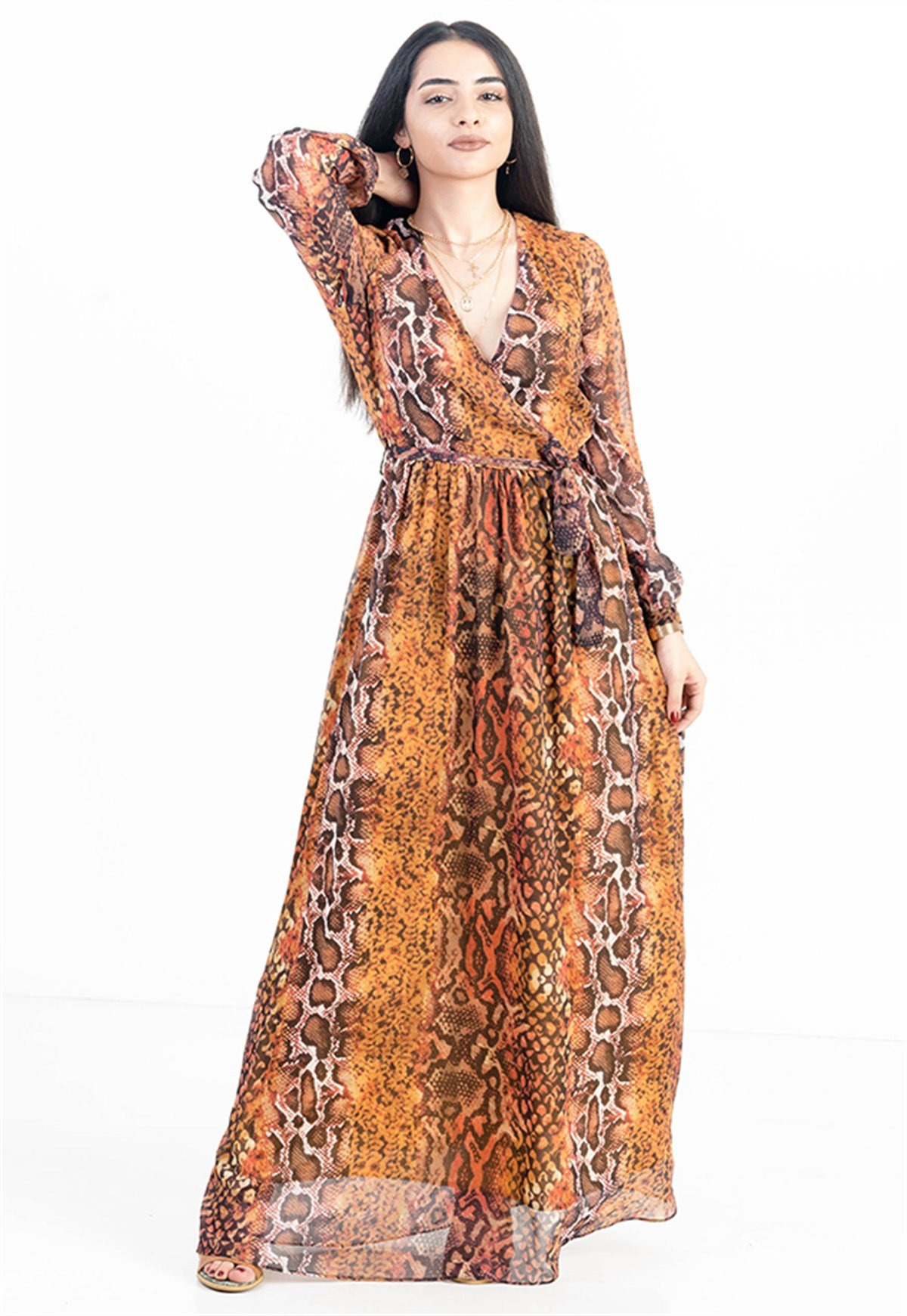 Animal Print Maxi Dress in Orange with Belt