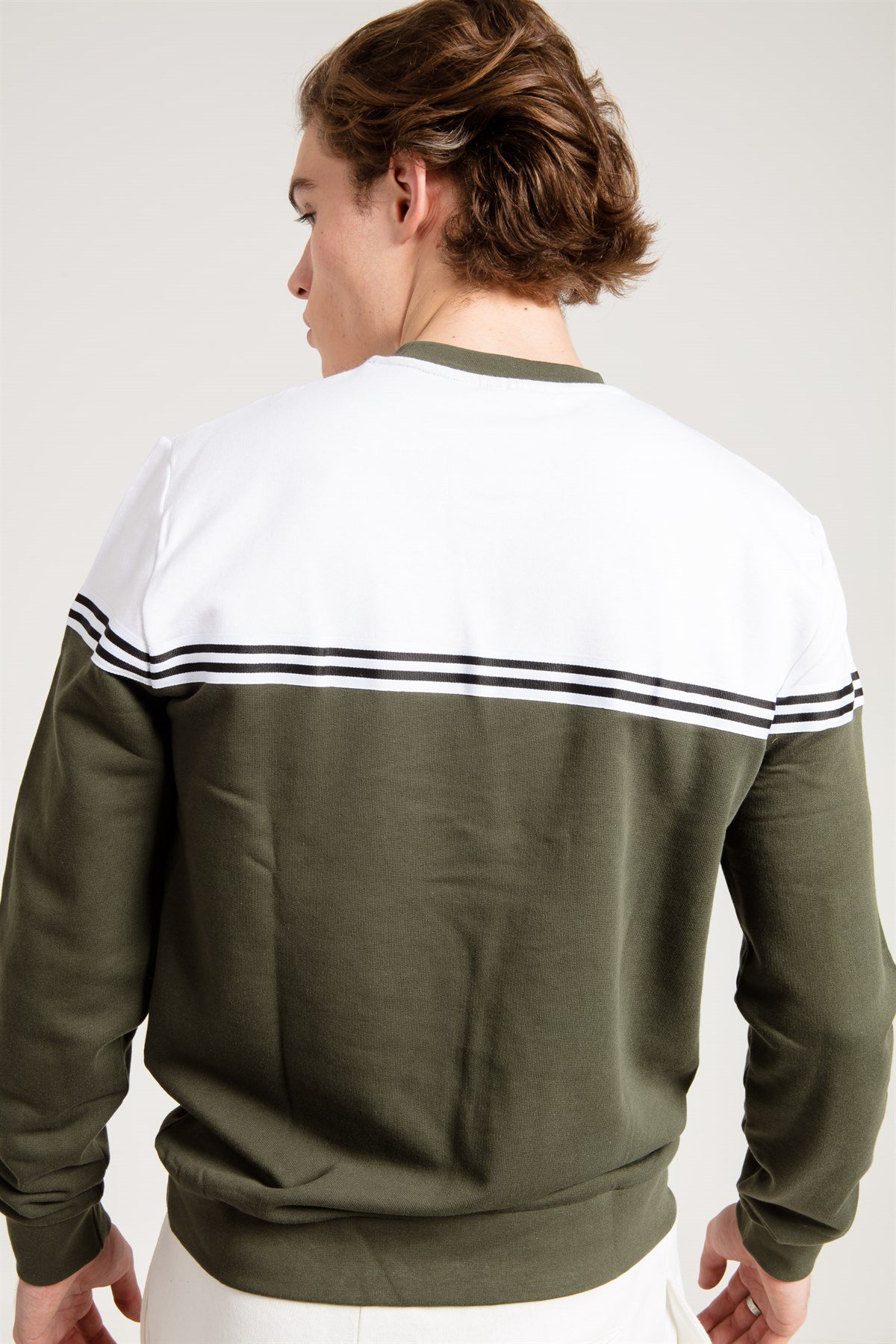 Renk Bloklu Haki Erkek Sweatshirt