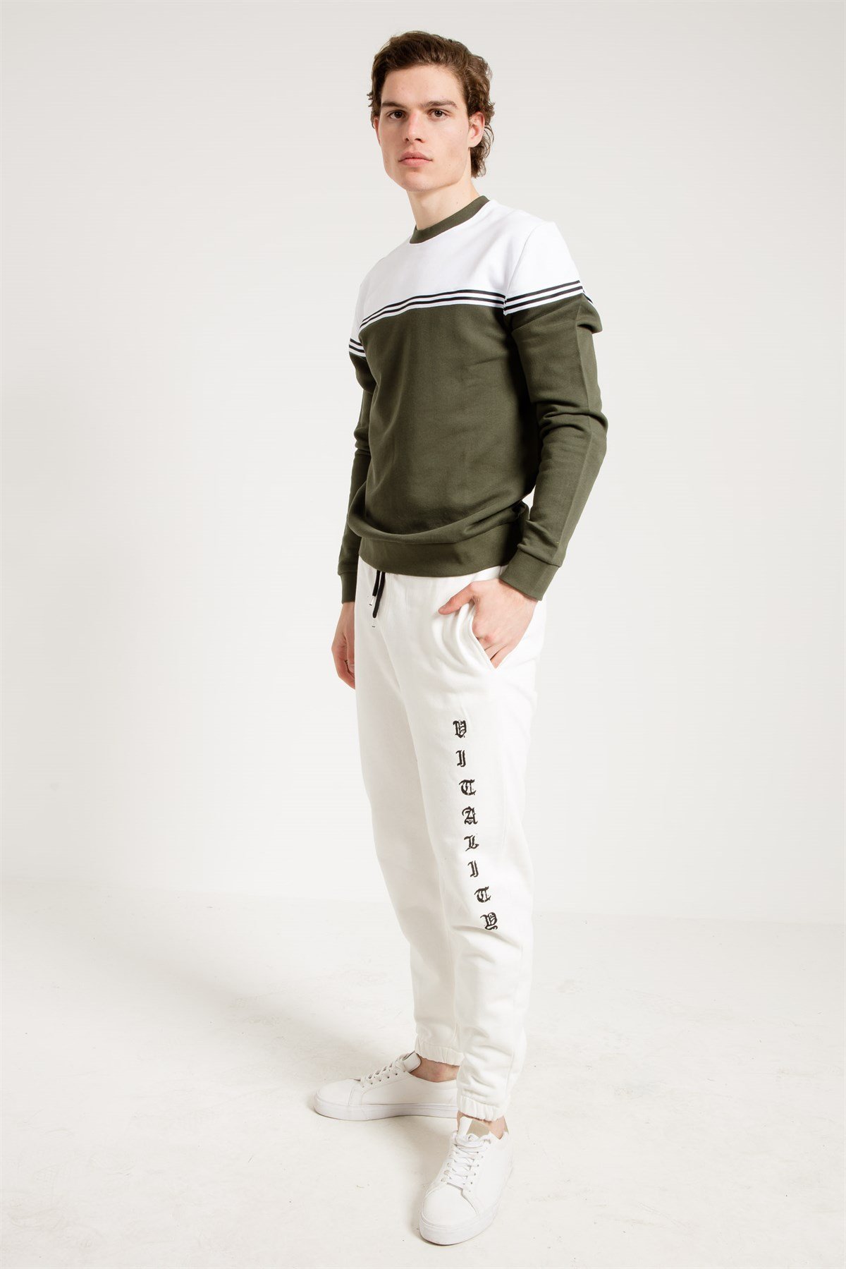 Renk Bloklu Haki Erkek Sweatshirt