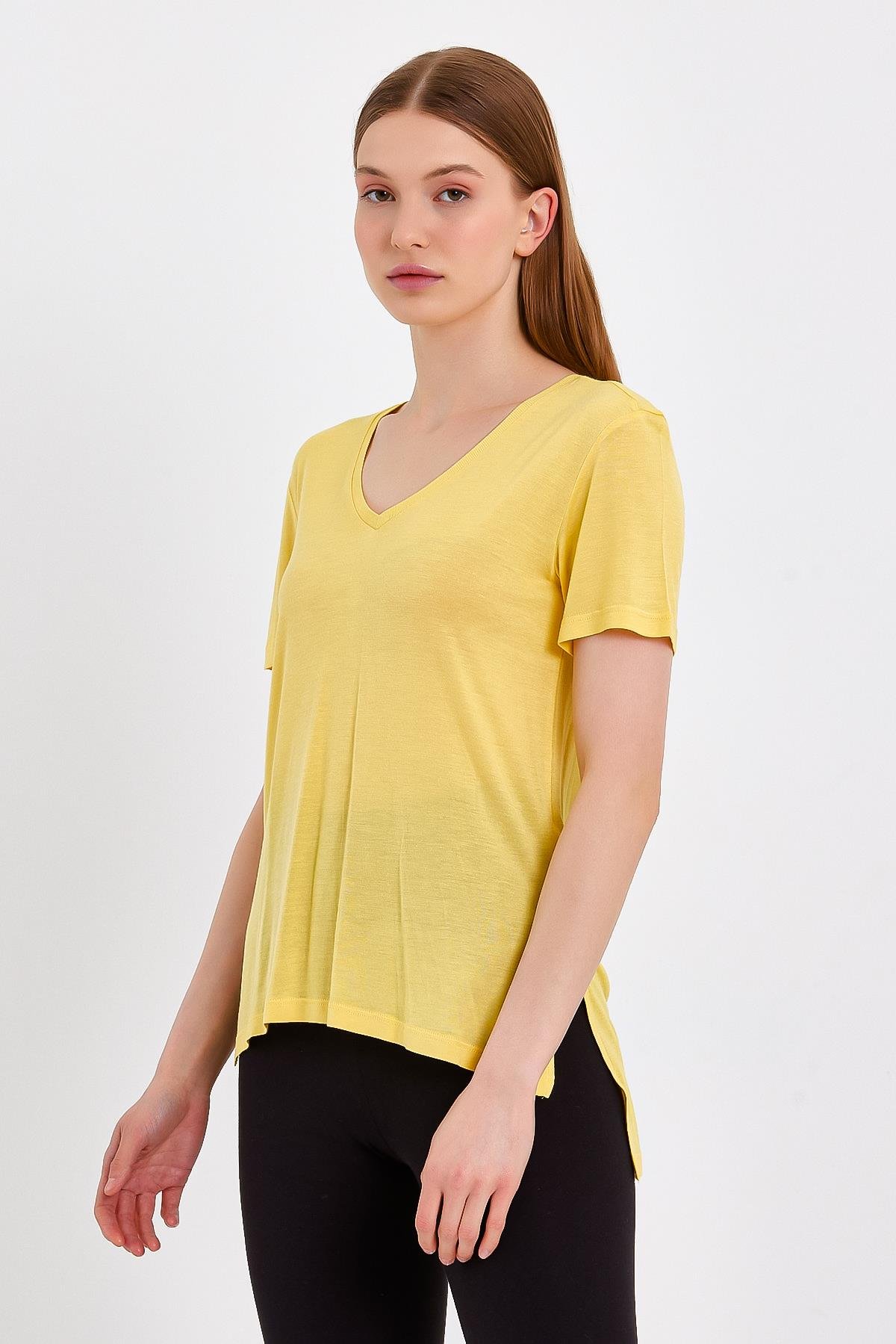 Sarı Basic V Yaka Kadın T-shirt