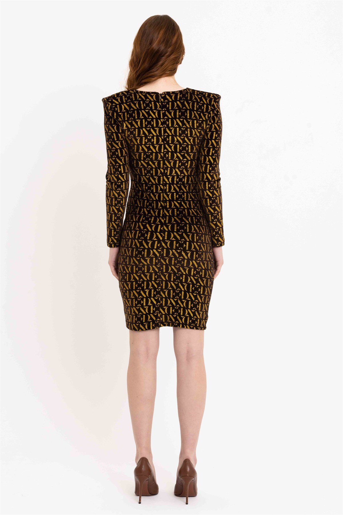 Simli Baskılı Vatkalı Siyah Kadife Elbise