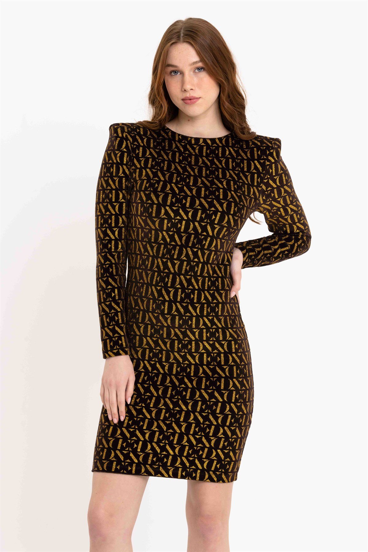 Simli Baskılı Vatkalı Siyah Kadife Elbise