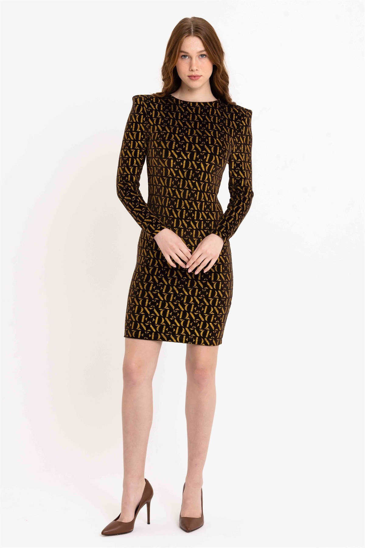 Simli Baskılı Vatkalı Siyah Kadife Elbise