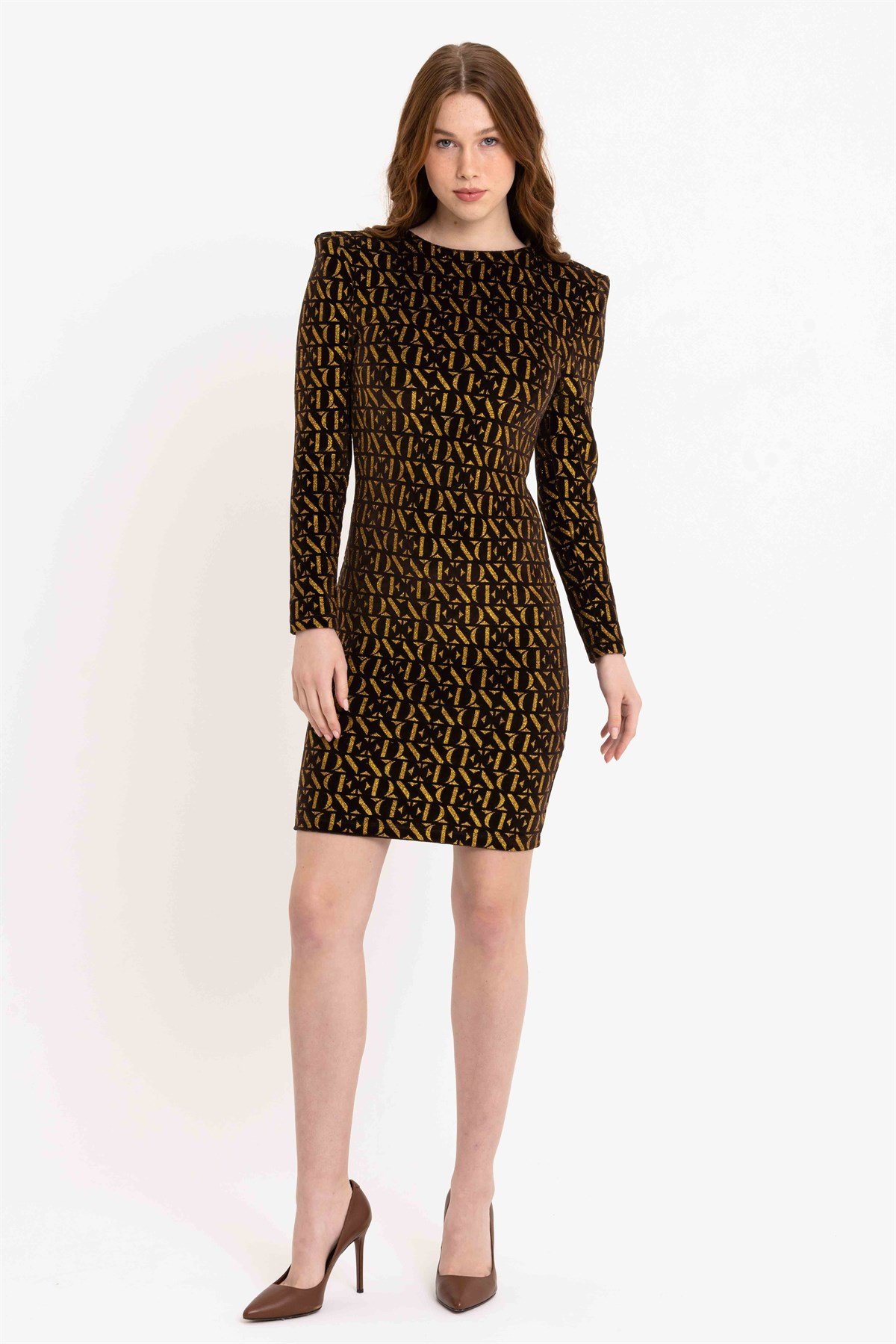 Simli Baskılı Vatkalı Siyah Kadife Elbise