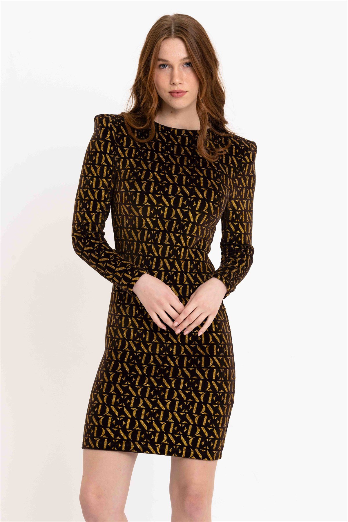 Simli Baskılı Vatkalı Siyah Kadife Elbise