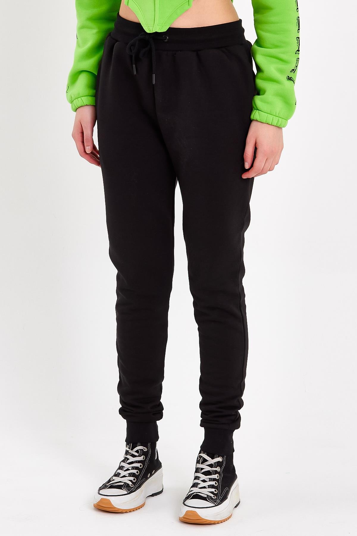 Siyah Beli Ayarlanabilir Kordonlu Kadın Eşofman Altı