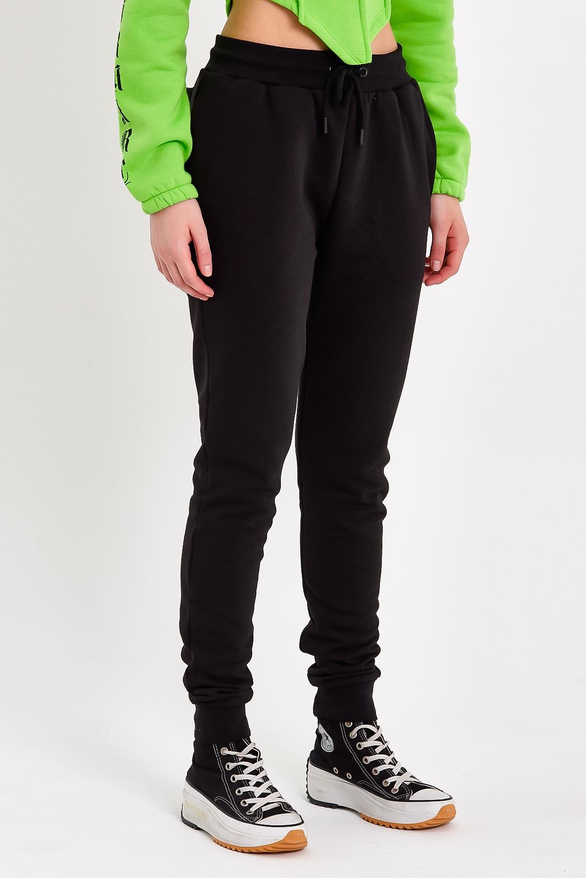 Siyah Beli Ayarlanabilir Kordonlu Kadın Eşofman Altı