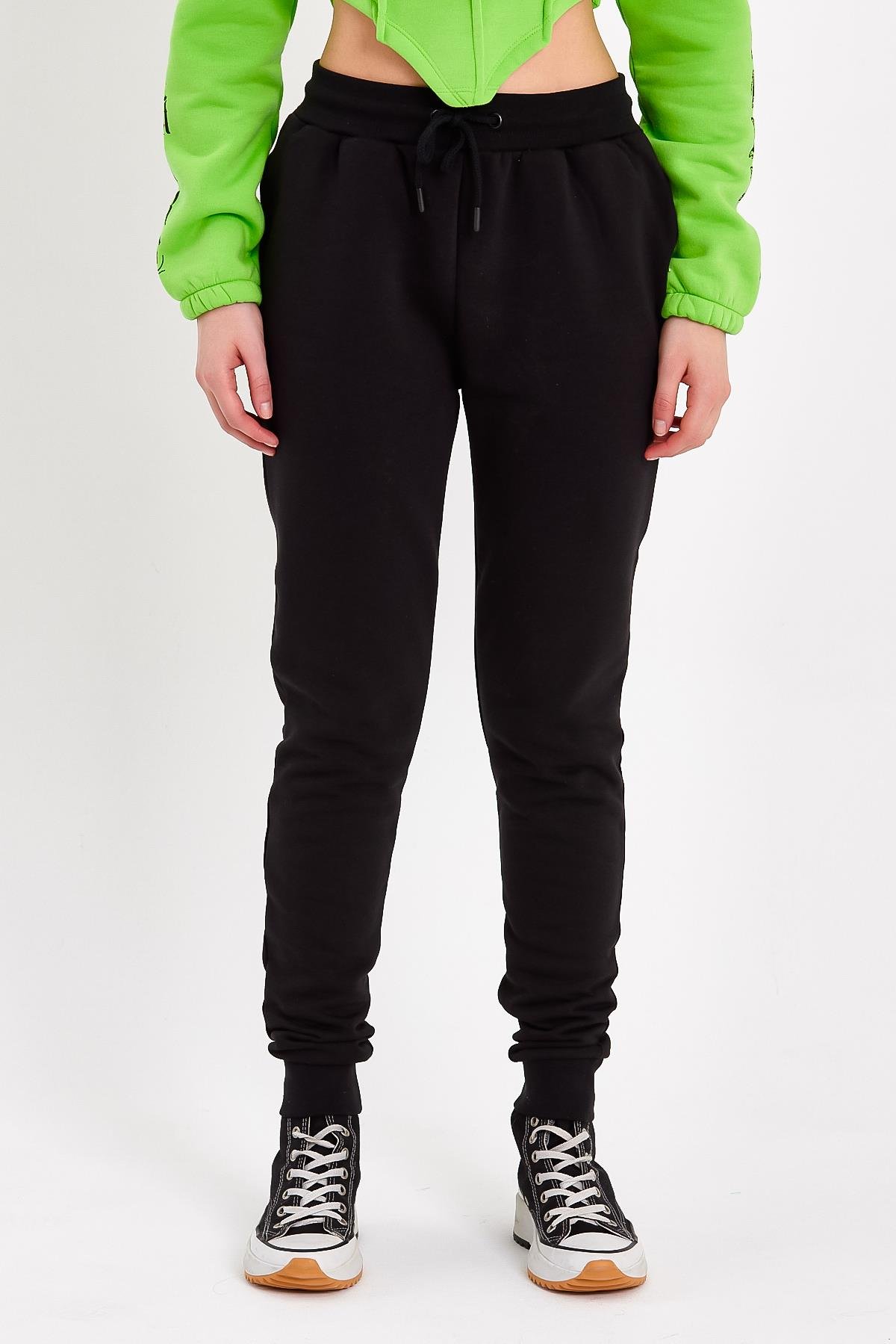 Siyah Beli Ayarlanabilir Kordonlu Kadın Eşofman Altı