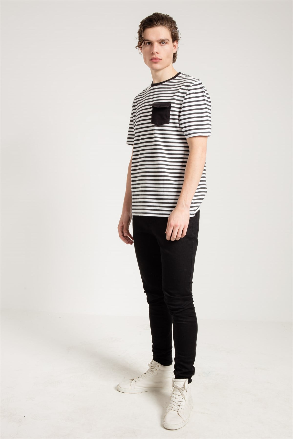 Stripe T-shirt in Black and White with Chest Pocket Detail