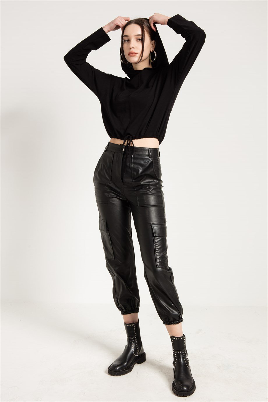 Siyah Deri Kargo Pantolon