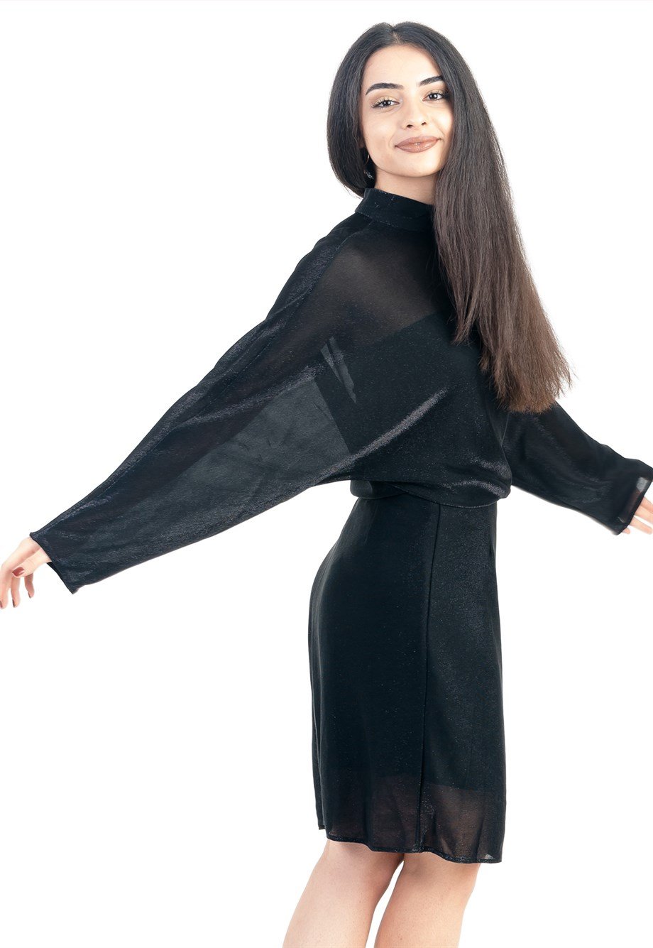 Midi Dress in Glitter Black with High Neck