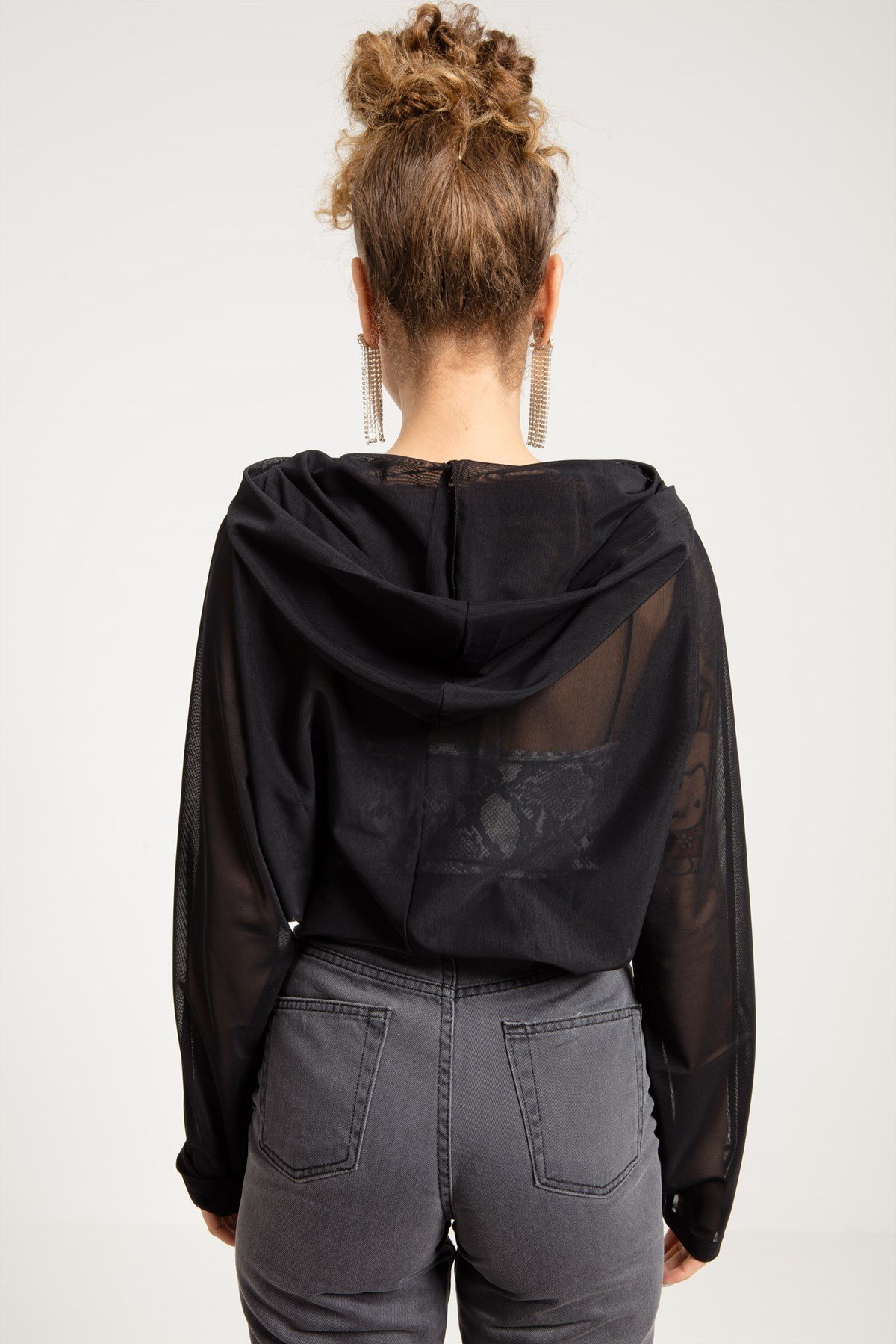 Siyah Transparan Kadın Kapüşonlu Bluz