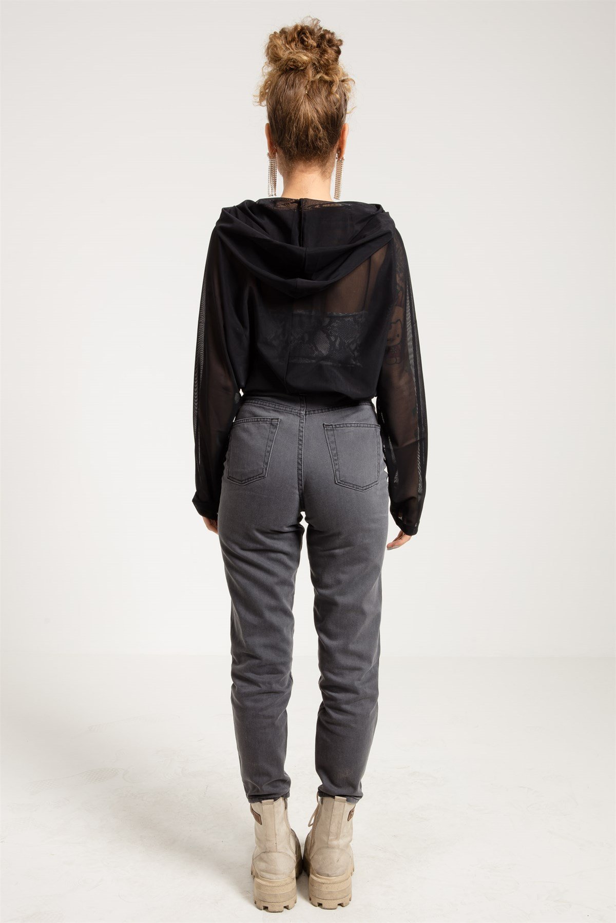 Siyah Transparan Kadın Kapüşonlu Bluz