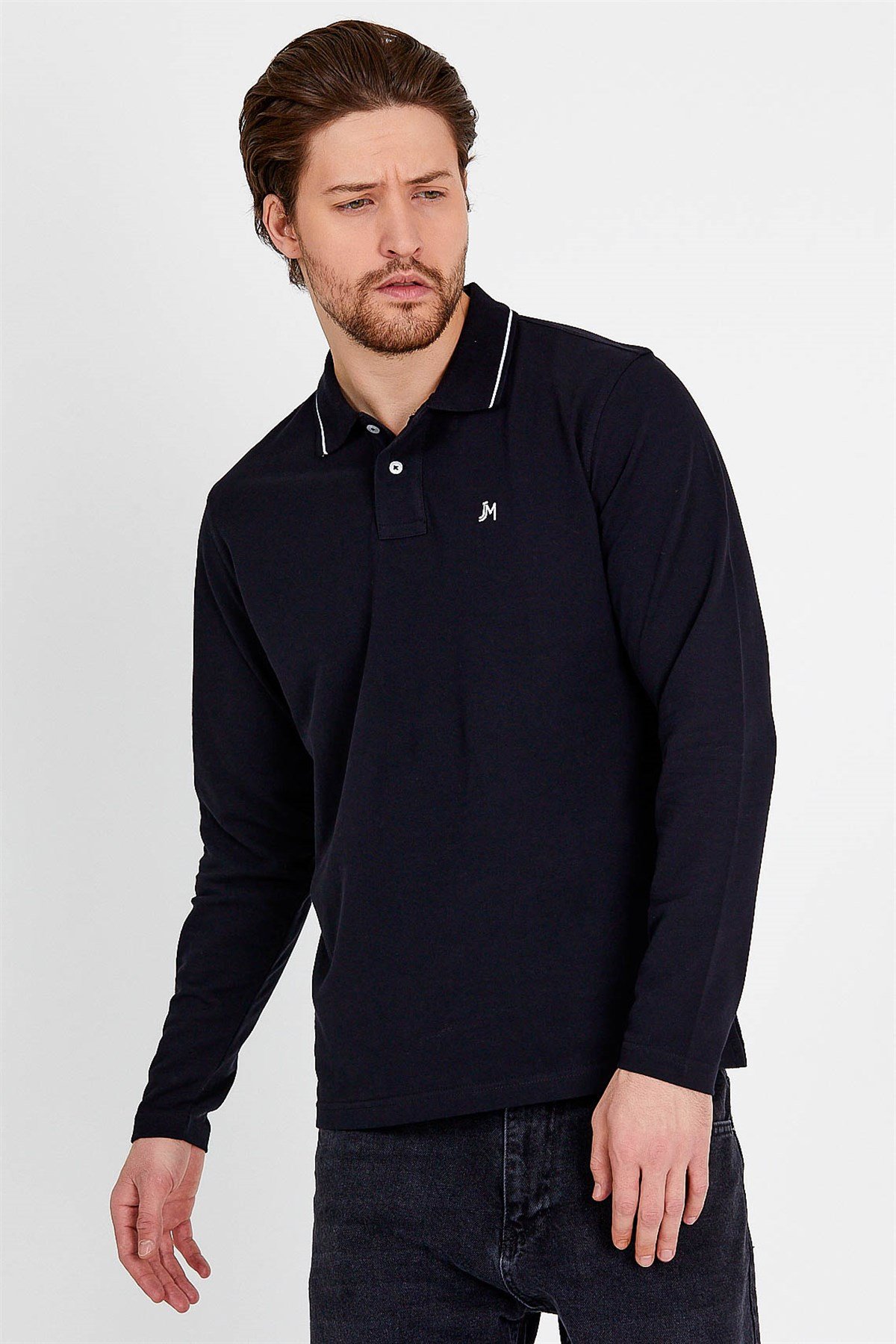 Polo Collared T-shirt in Black with Long Sleeves