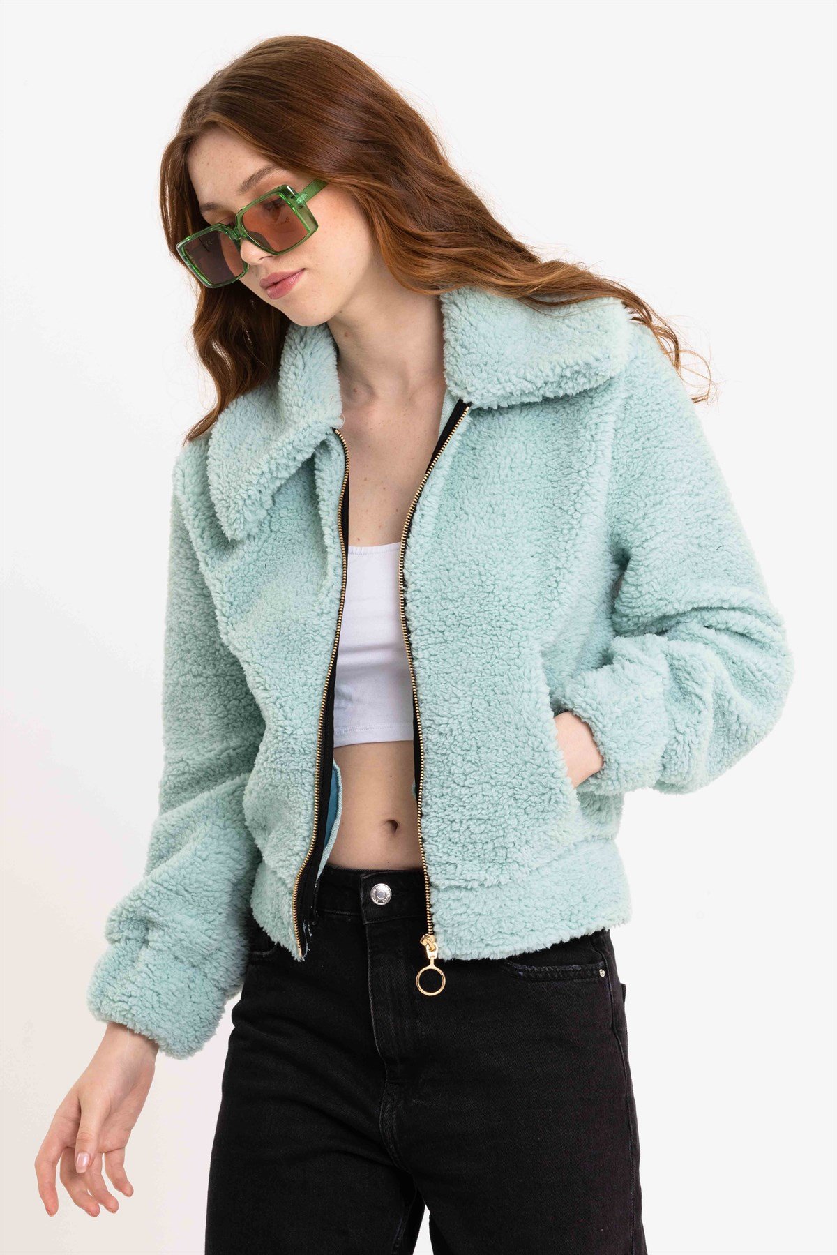 Su Yeşili Fermuarlı Kadın Peluş Ceket