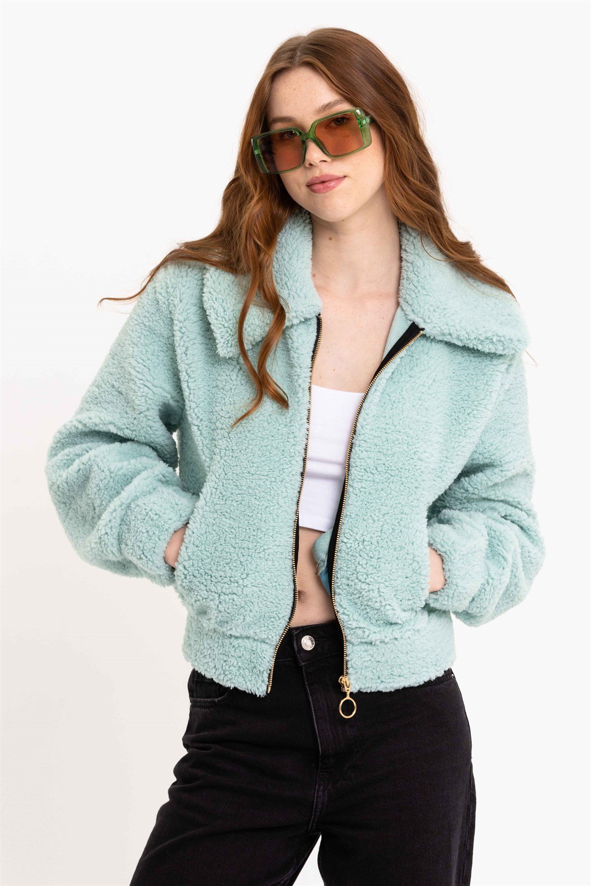 Su Yeşili Fermuarlı Kadın Peluş Ceket