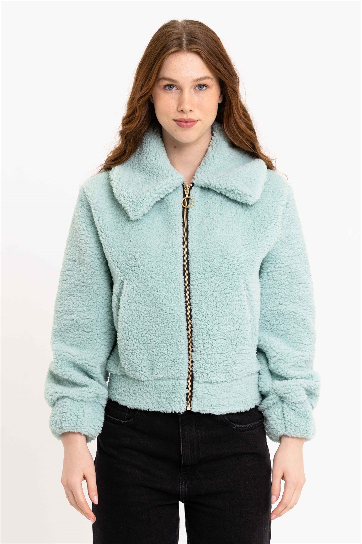 Su Yeşili Fermuarlı Kadın Peluş Ceket