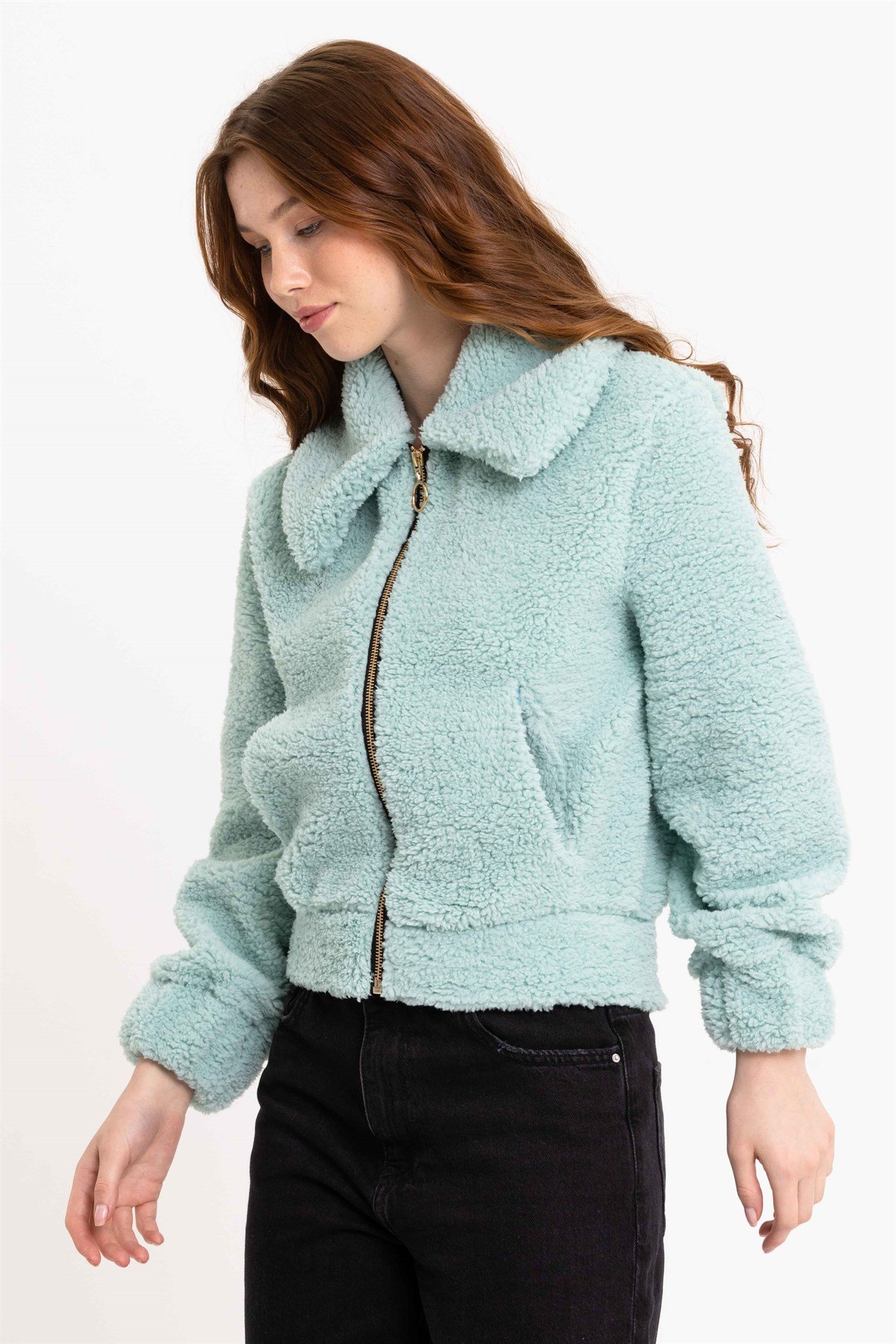 Su Yeşili Fermuarlı Kadın Peluş Ceket