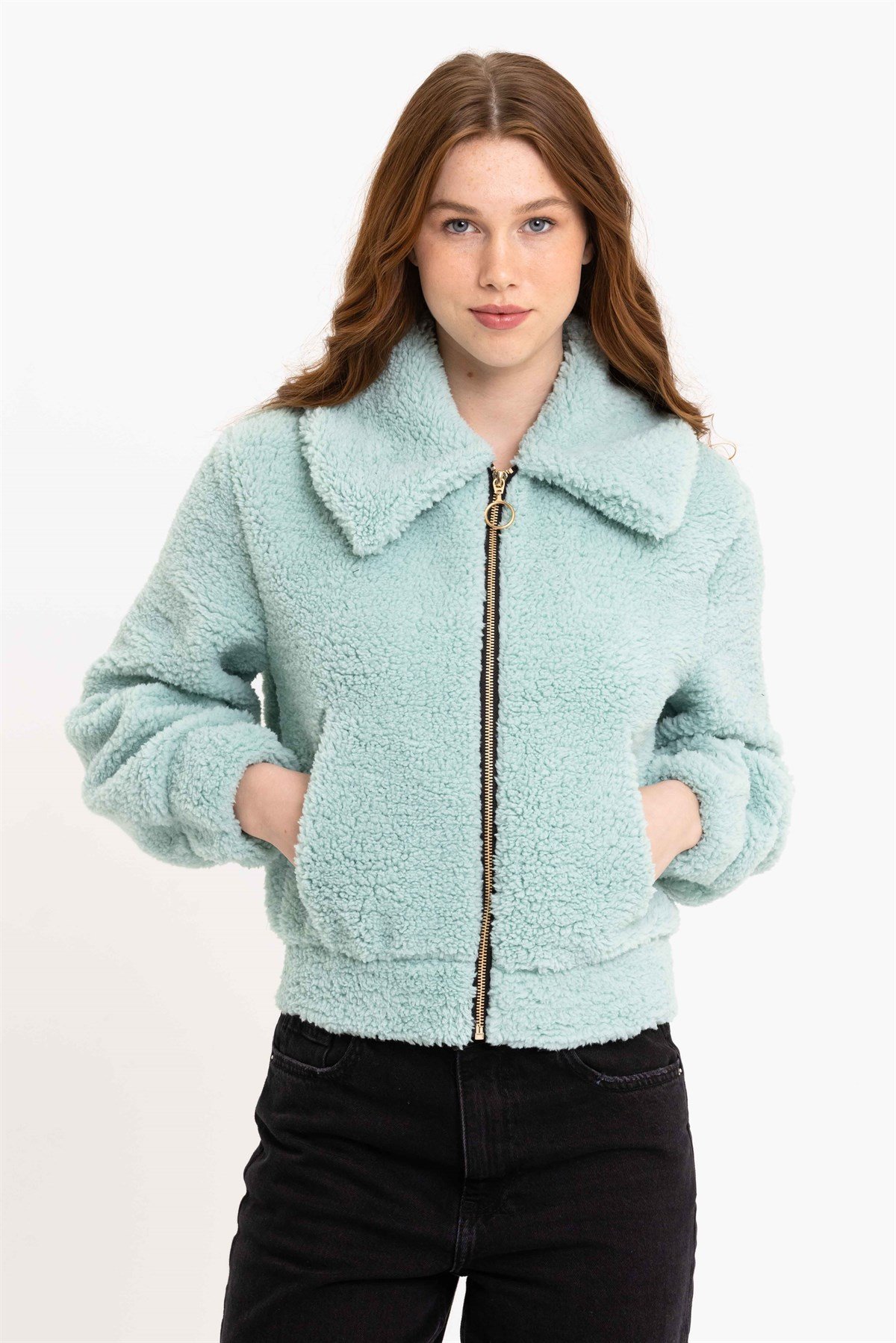 Su Yeşili Fermuarlı Kadın Peluş Ceket
