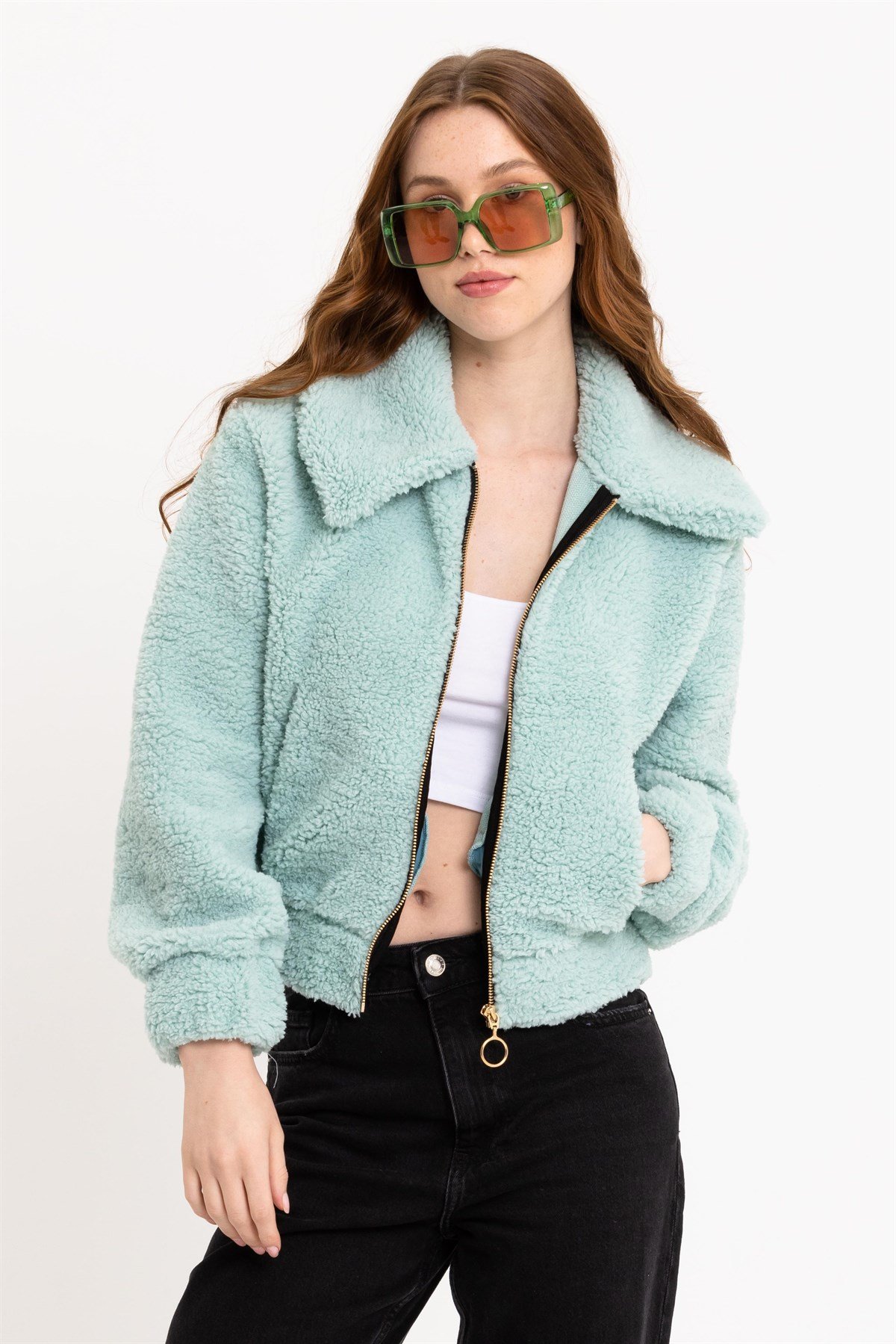 Su Yeşili Fermuarlı Kadın Peluş Ceket