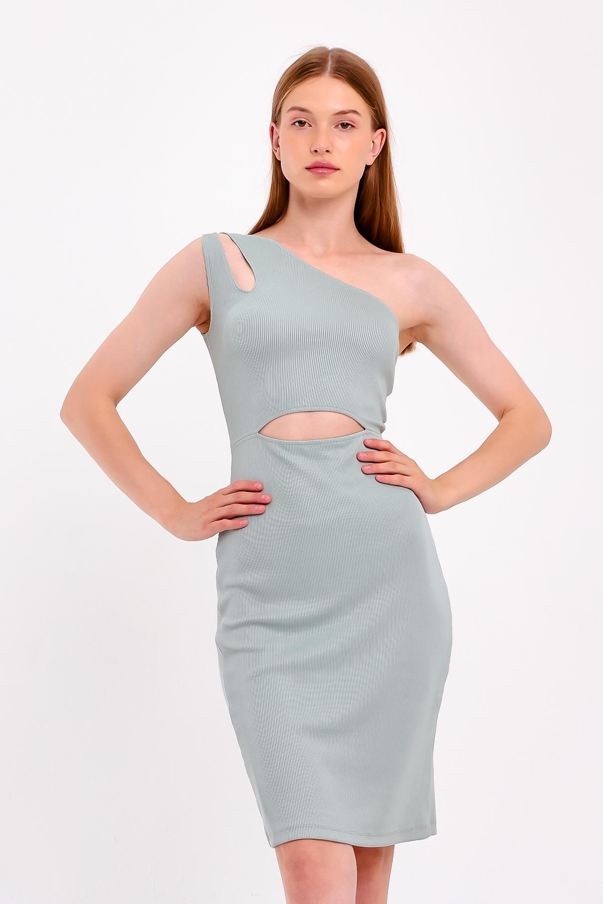 Tek Omuz Dekolte Detaylı Su Yeşili Elbise