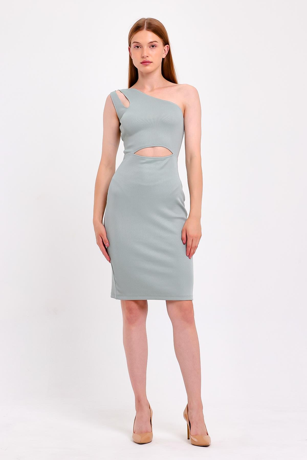 Tek Omuz Dekolte Detaylı Su Yeşili Elbise