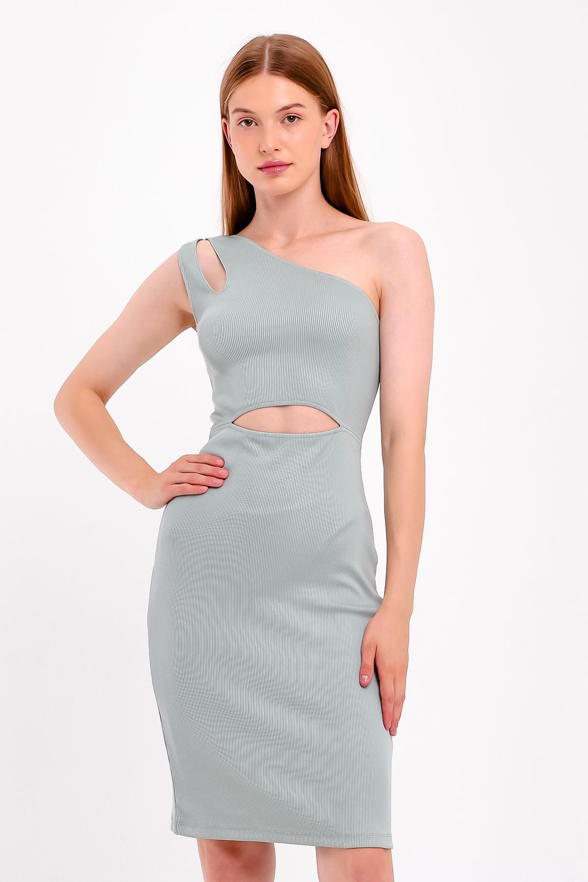 Tek Omuz Dekolte Detaylı Su Yeşili Elbise