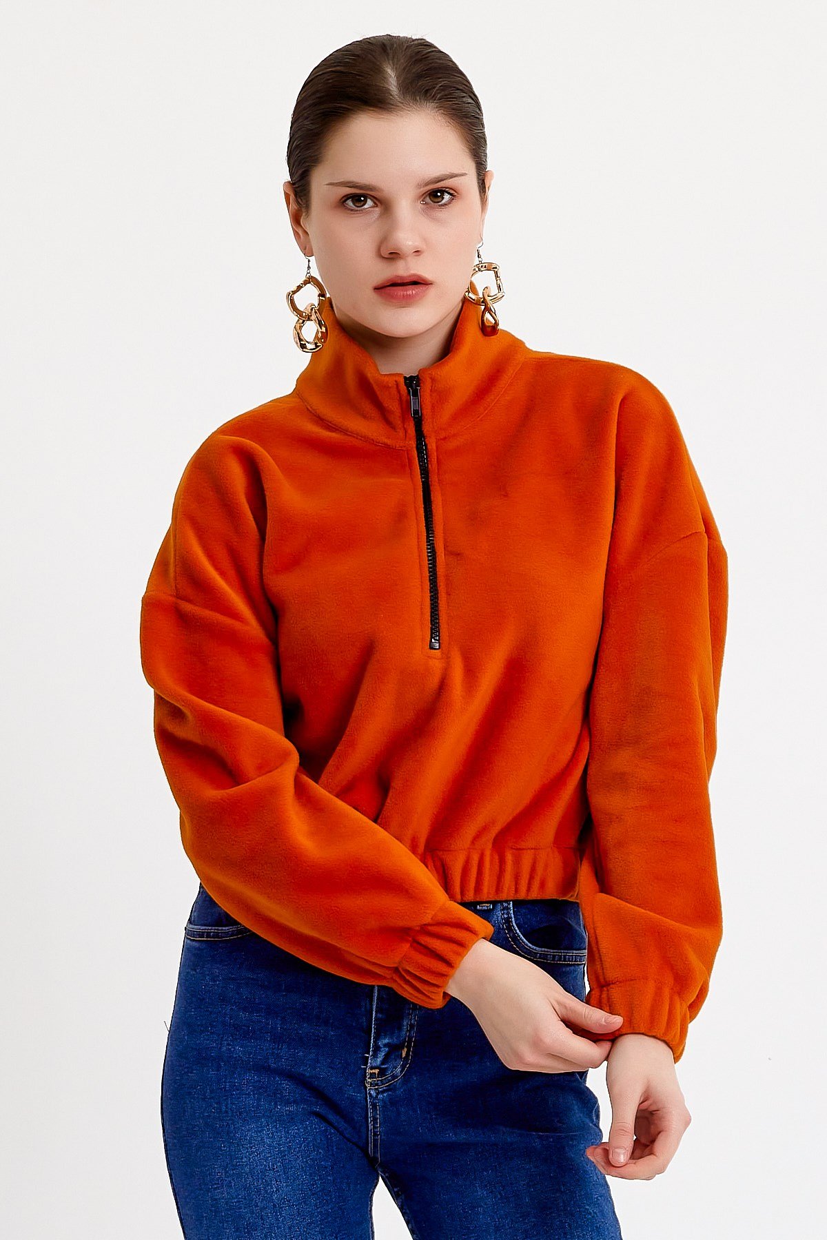 Turuncu Dik Yaka Crop Fit Peluş Sweatshirt