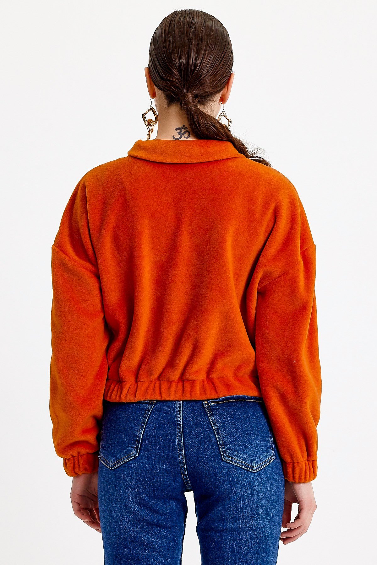 Turuncu Dik Yaka Crop Fit Peluş Sweatshirt