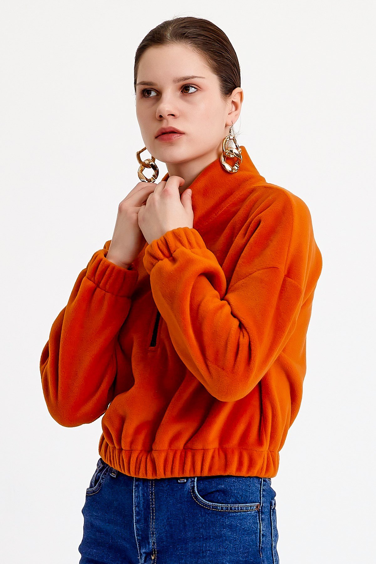 Turuncu Dik Yaka Crop Fit Peluş Sweatshirt