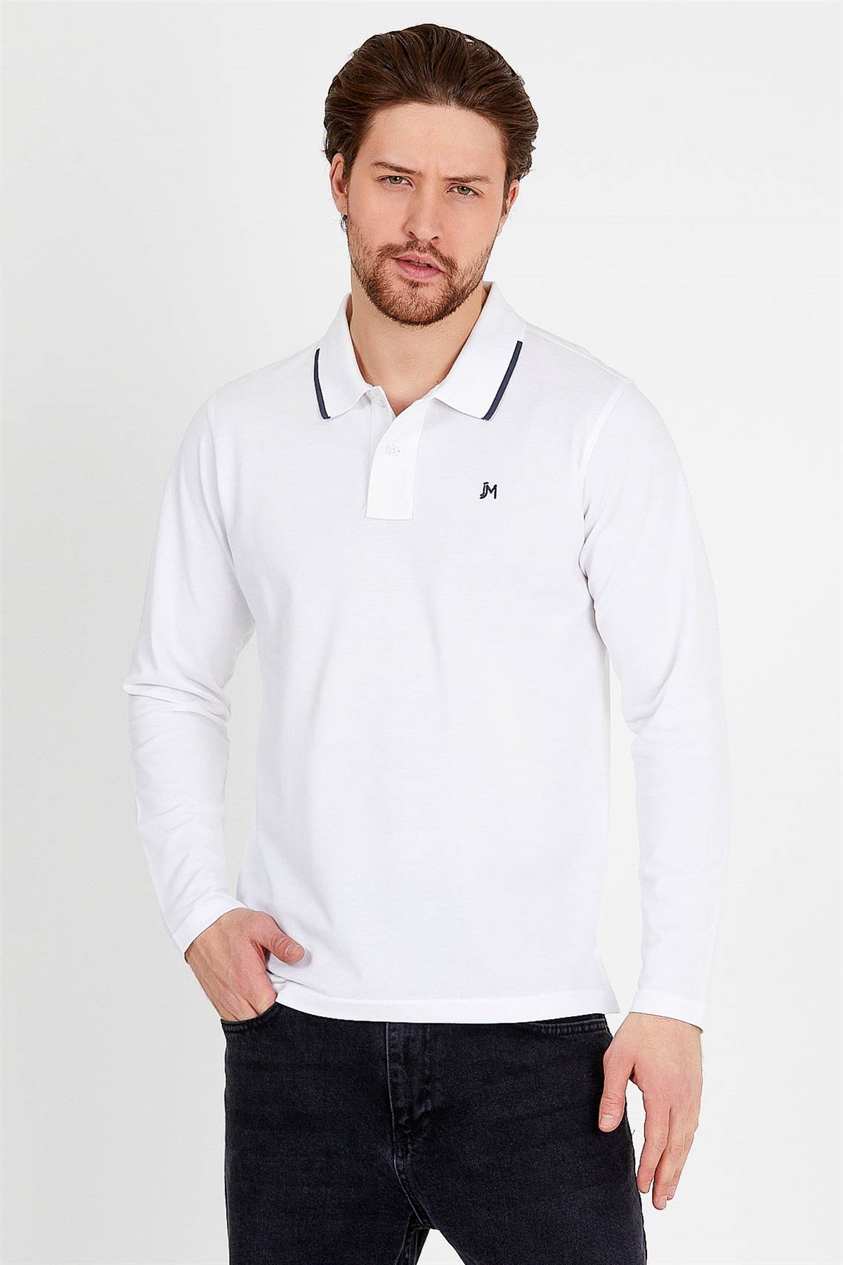 Polo Collared T-shirt in White with Long Sleeves
