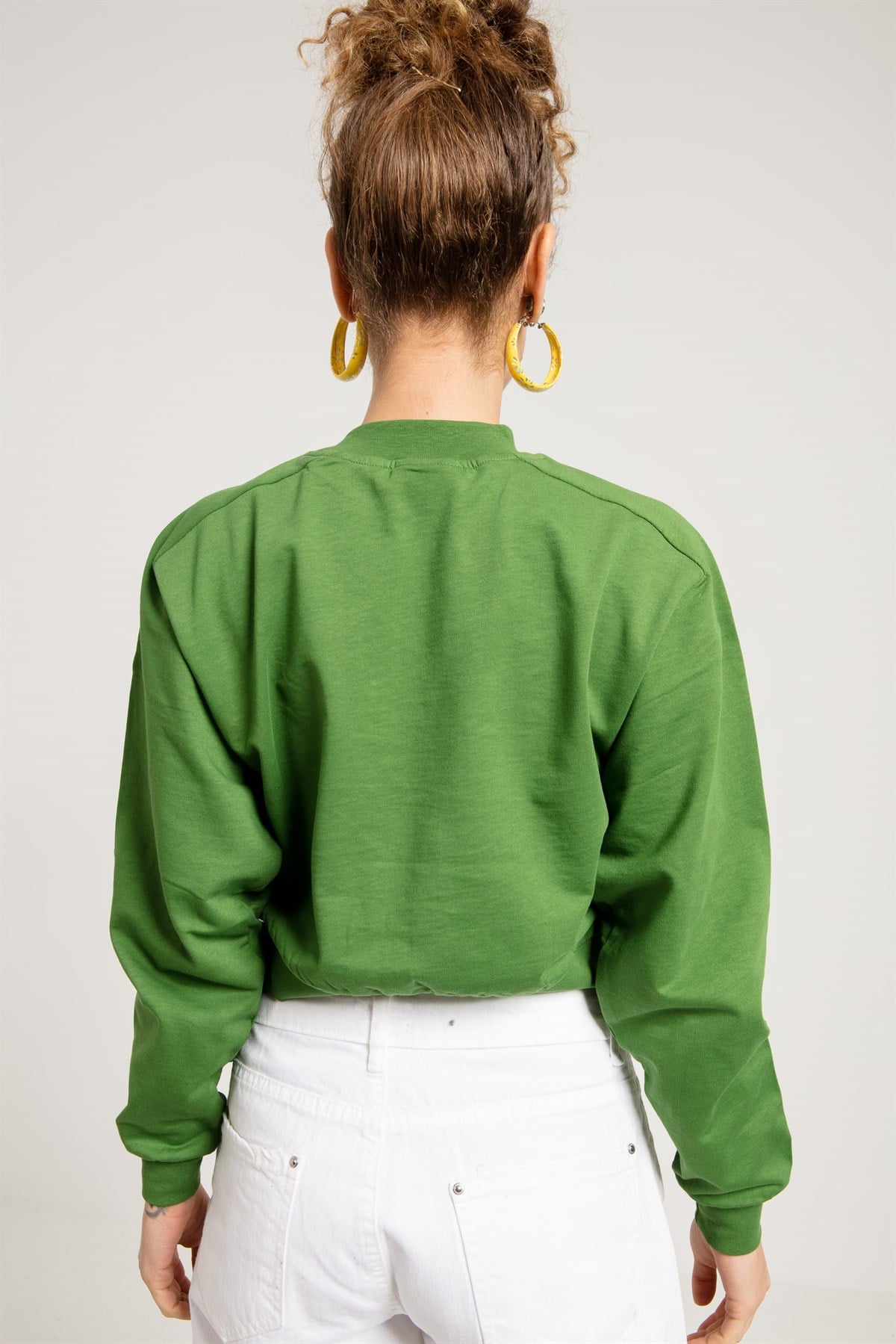 Uzun Kollu Kısa Yeşil Kadın Sweatshirt