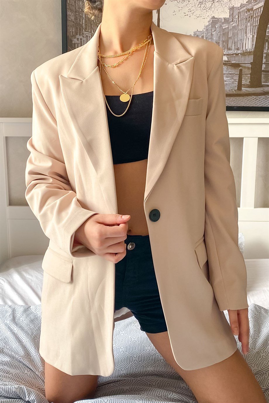 Vatkalı Ekru Oversize Blazer