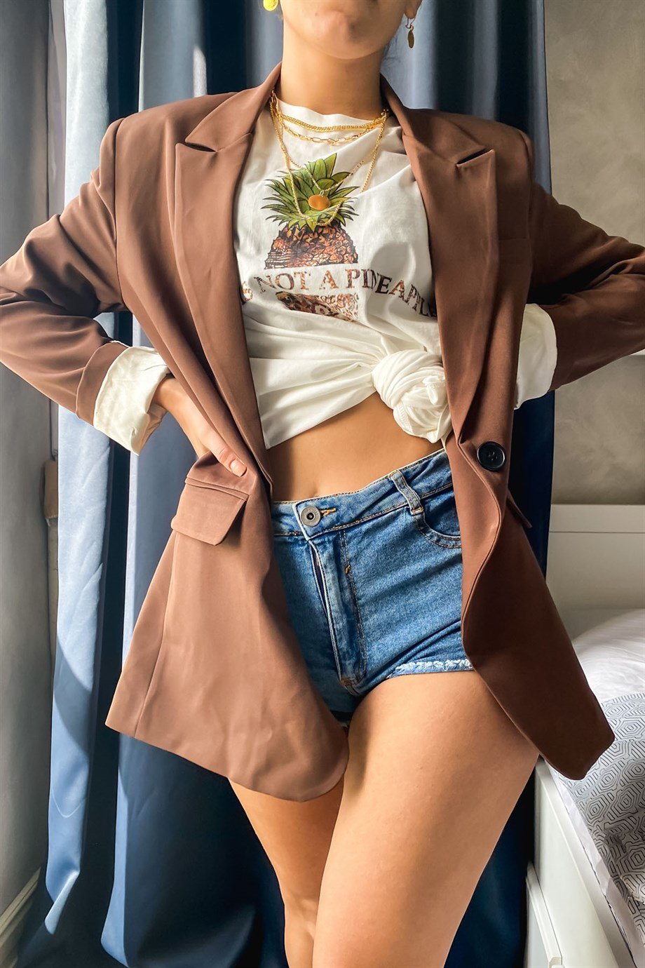 Vatkalı Kahverengi Oversize Blazer