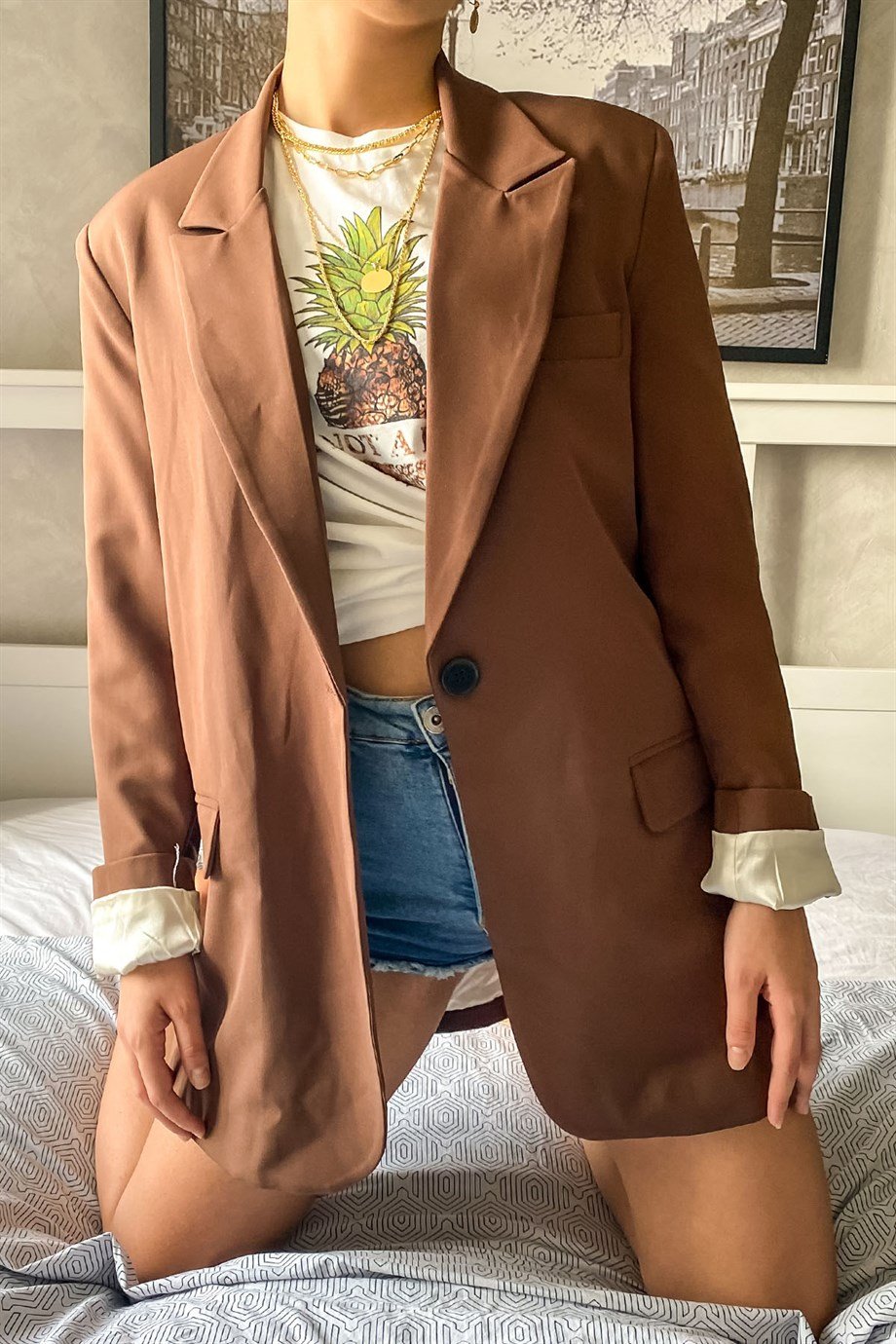 Vatkalı Kahverengi Oversize Blazer