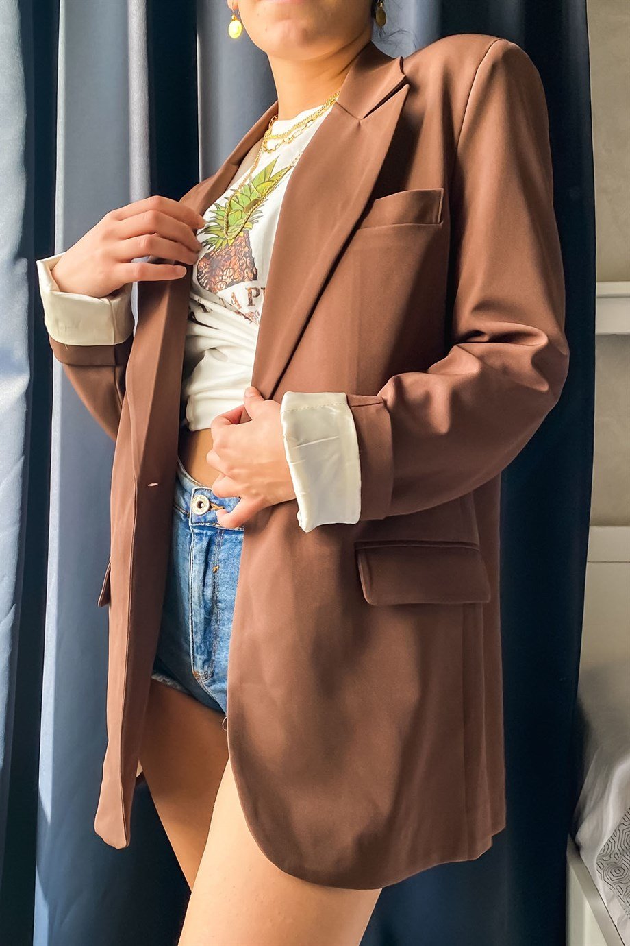 Vatkalı Kahverengi Oversize Blazer
