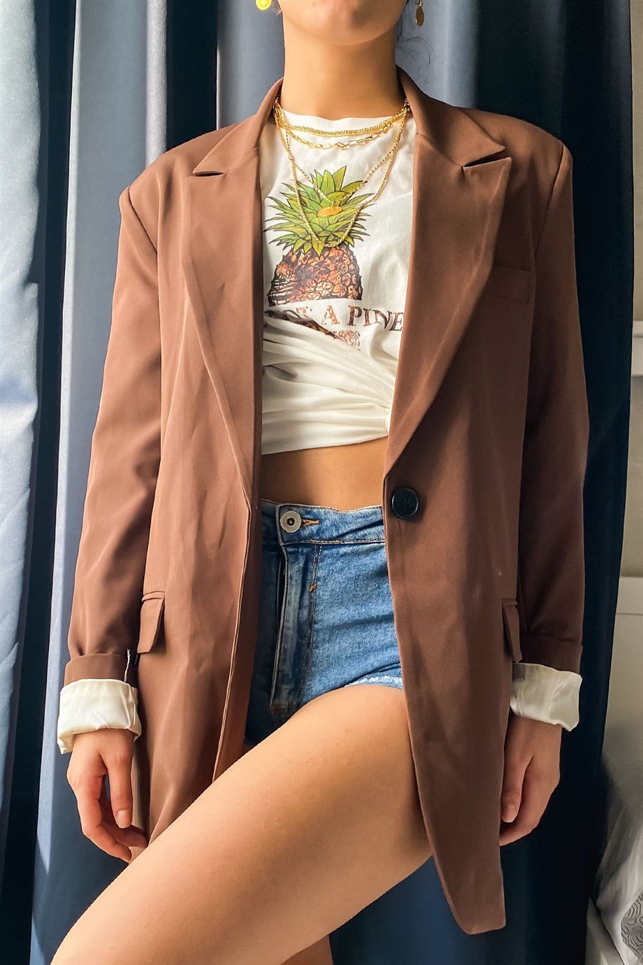 Vatkalı Kahverengi Oversize Blazer