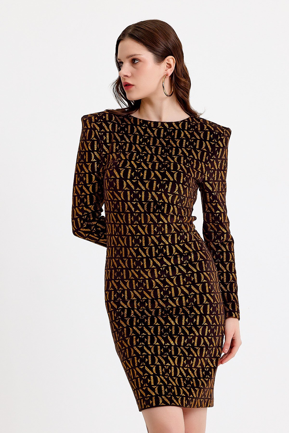 Gold Varak Baskılı Siyah Kadife Elbise
