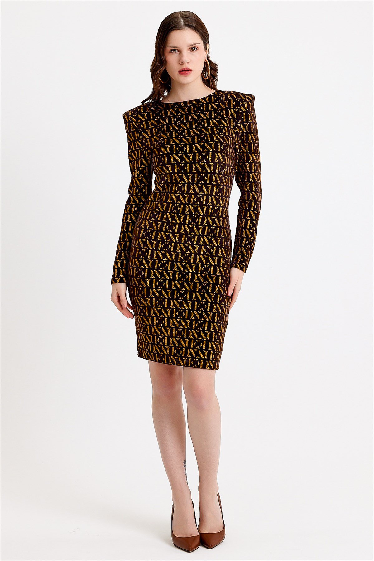 Gold Varak Baskılı Siyah Kadife Elbise