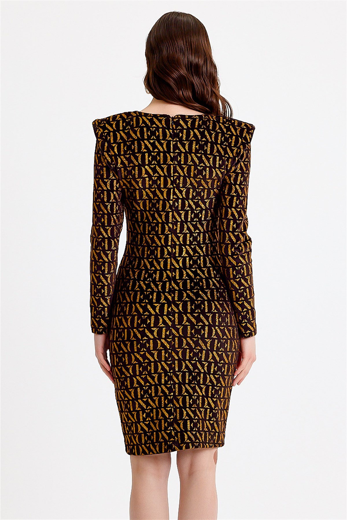 Gold Varak Baskılı Siyah Kadife Elbise