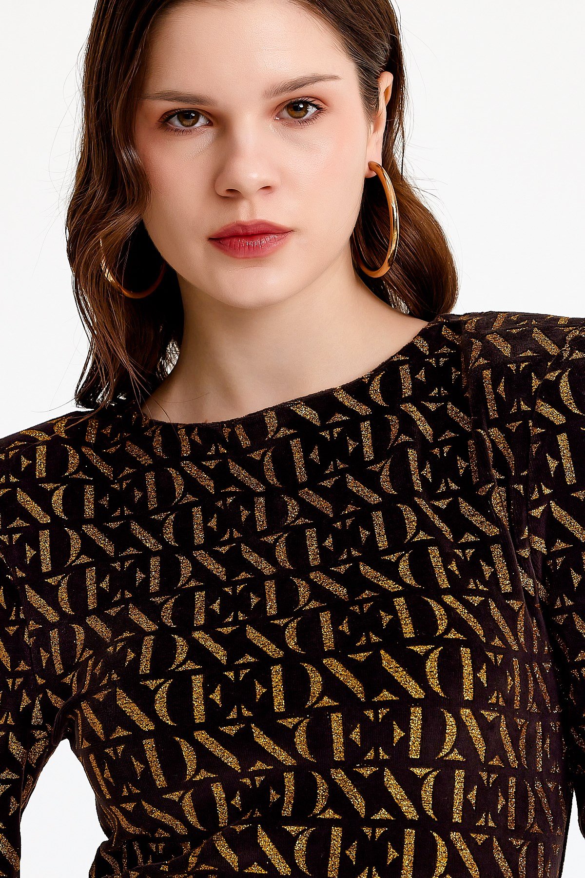 Gold Varak Baskılı Siyah Kadife Elbise