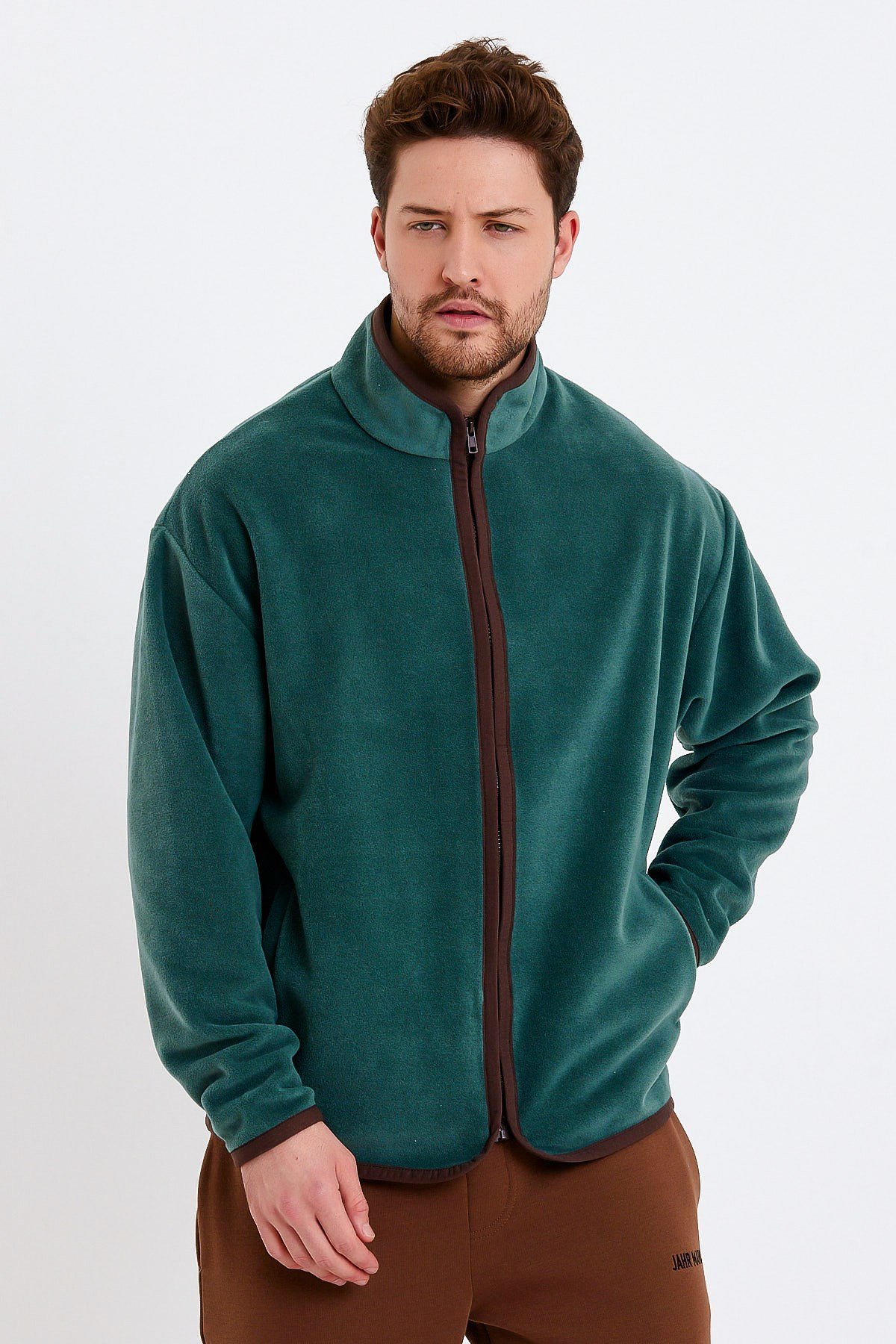 Yeşil Dik Yaka Fermuarlı Polar Ceket