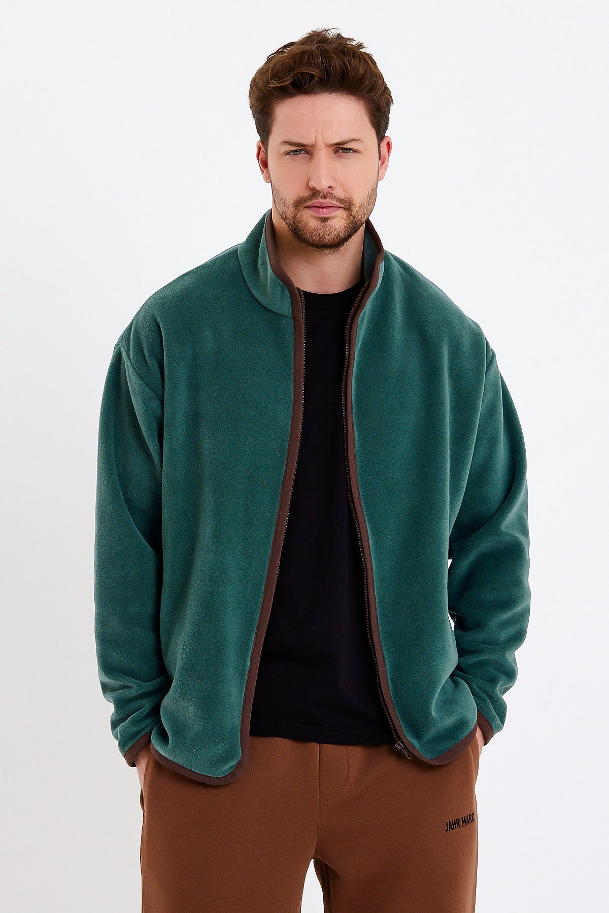 Yeşil Dik Yaka Fermuarlı Polar Ceket