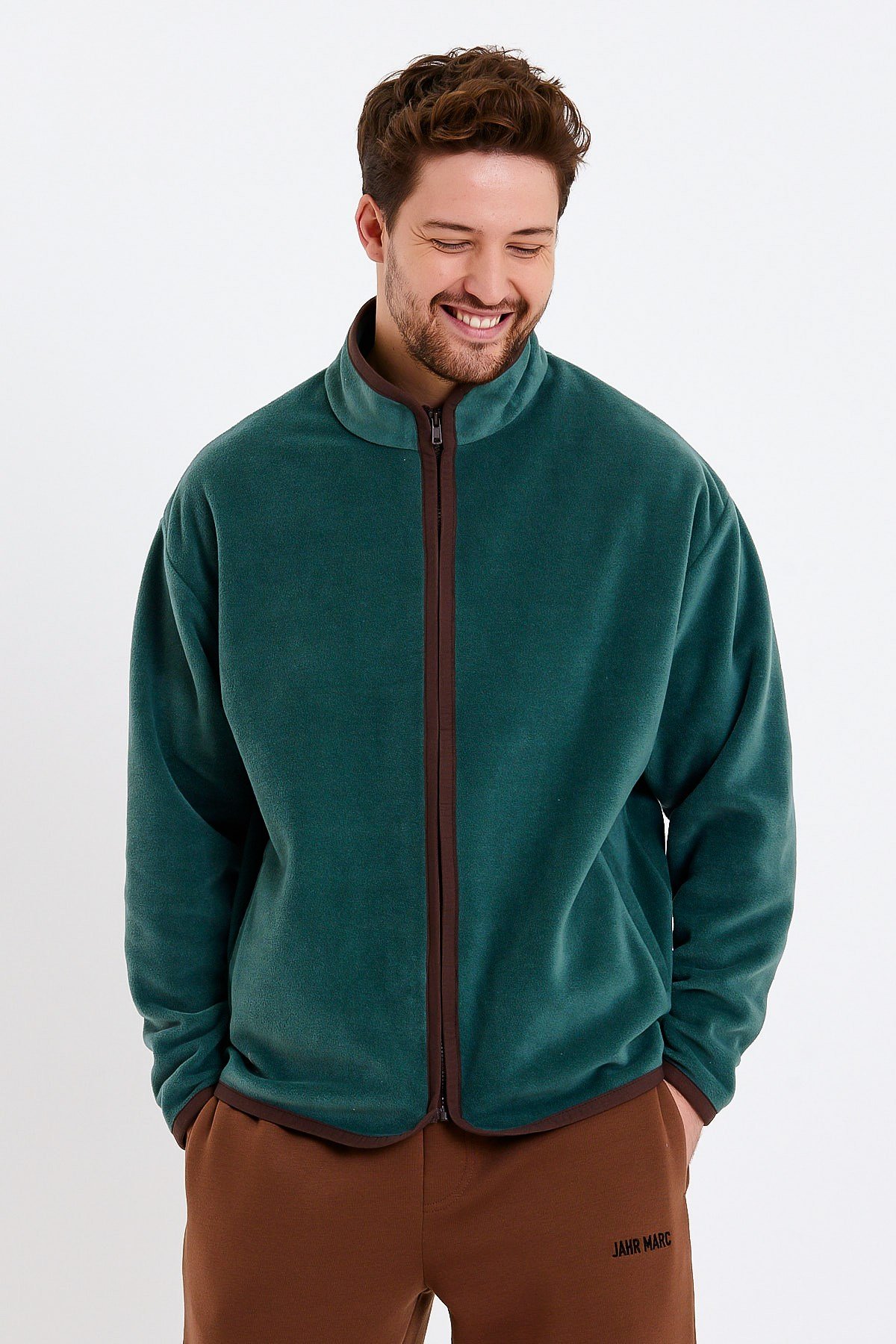 Yeşil Dik Yaka Fermuarlı Polar Ceket