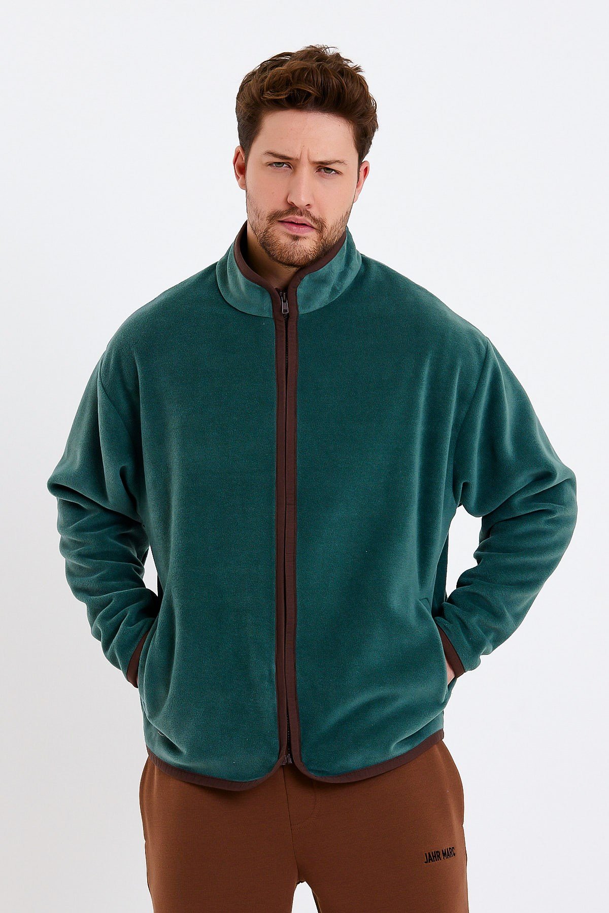 Yeşil Dik Yaka Fermuarlı Polar Ceket
