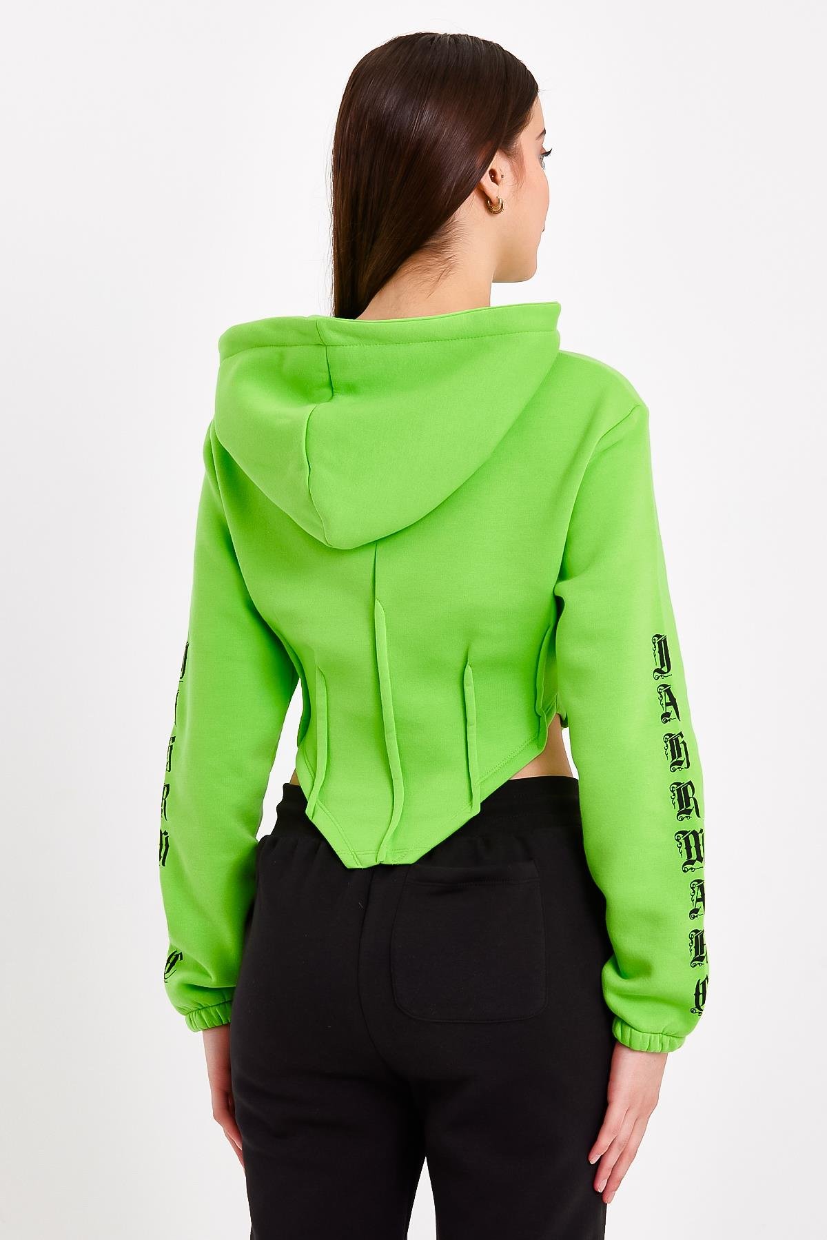 Yeşil Korse Detaylı  Baskılı Crop Fit Kapüşonlu Sweatshirt